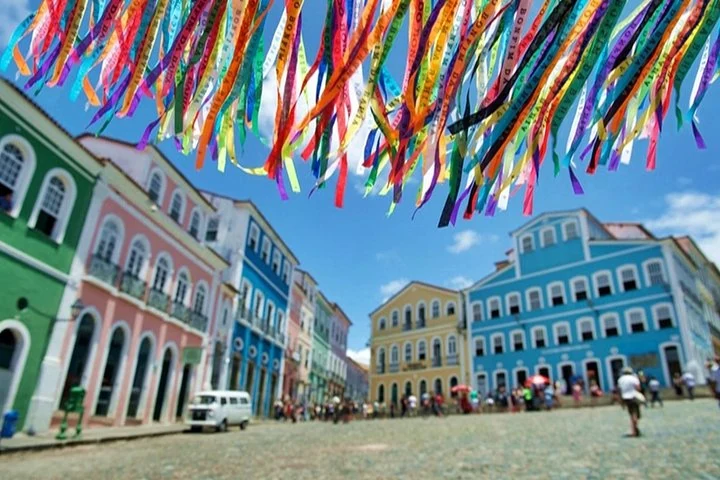 Colourful ribbons above the façades of Largo do Pelourinho