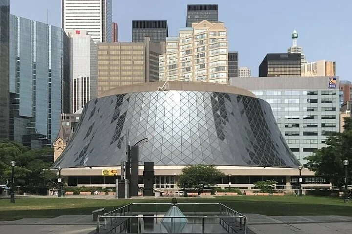 Circular glass facade of Roy Thomson Hall in Toronto