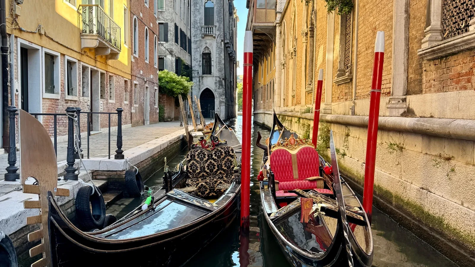 Gondolas moored on a Venice canal