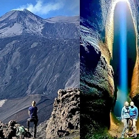 Walk on Etna at night towards sunrise