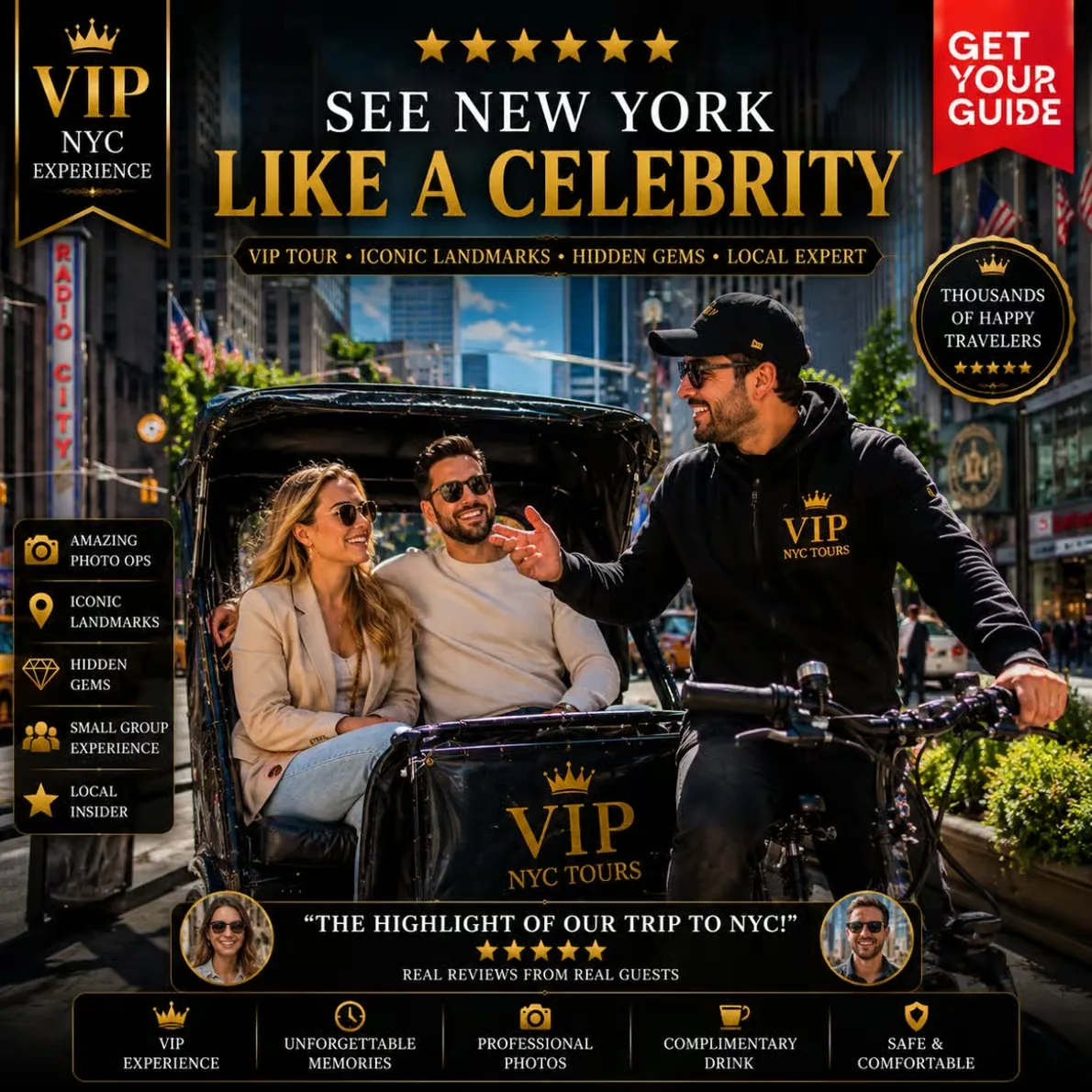 Times Square and Broadway night tour with dinner by pedicab