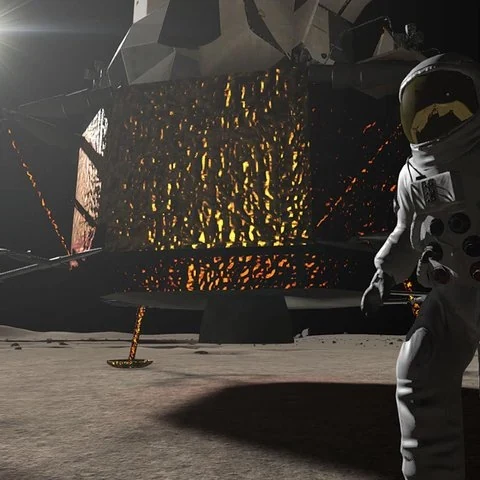 Videospielaufnahme mit einem Astronauten und einer beleuchteten Struktur in einer grauen Landschaft.